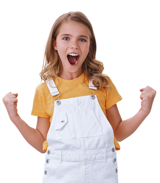proud good looking young satisfied little girl with fair hair blue eyes fist pump celebration gesture smiling joyfully achieve success triumphing from good excellent news white wall 1